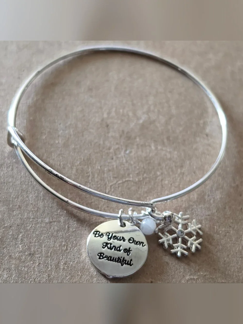 Silver Snowflake Charm Bangle Bracelet with White Accent NEW